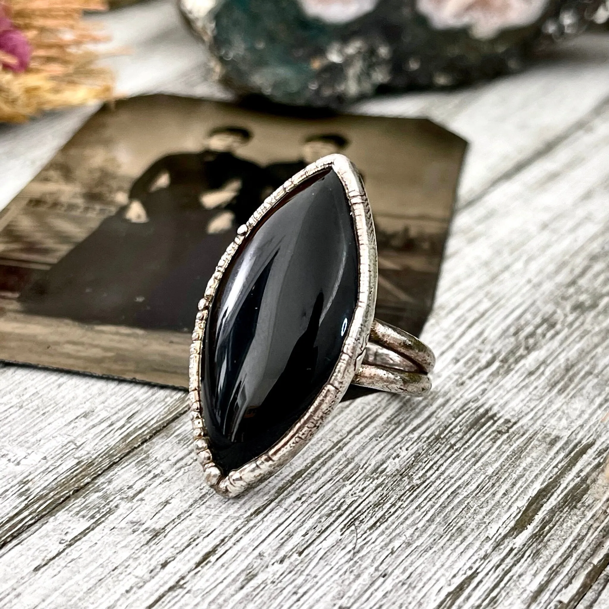 Size 7.5 Natural Black Onyx Ring in Fine Silver /  Large Crystal Ring  - Black Stone Ring - Silver Crystal Ring - Bohemian Jewelry Gemstone