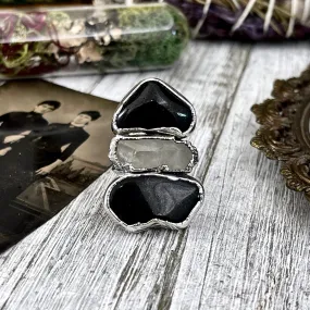 Size 8 Crystal Ring - Three Stone Black Onyx Clear Quartz Ring in Silver / Foxlark Collection - One of a Kind