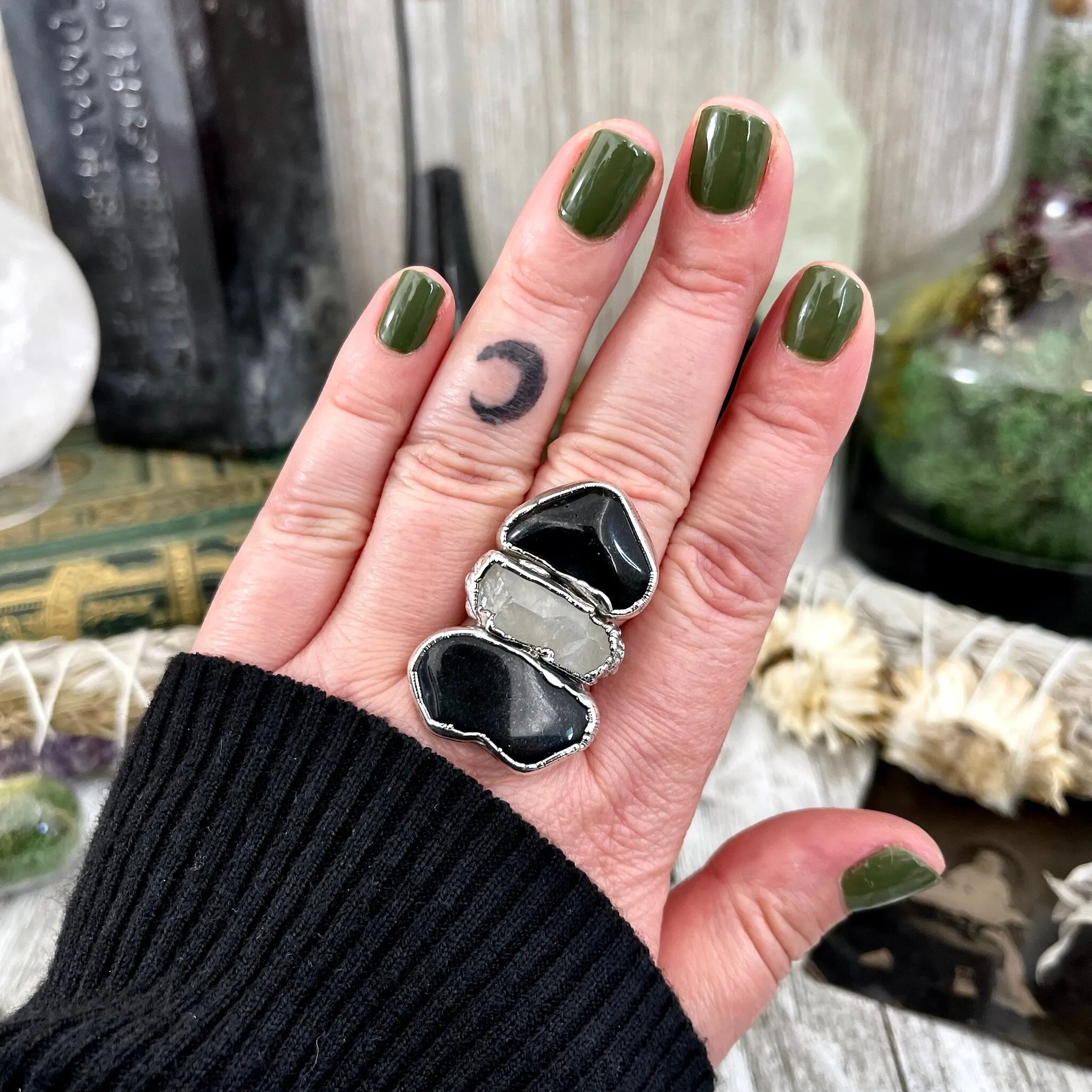 Size 8 Crystal Ring - Three Stone Black Onyx Clear Quartz Ring in Silver / Foxlark Collection - One of a Kind