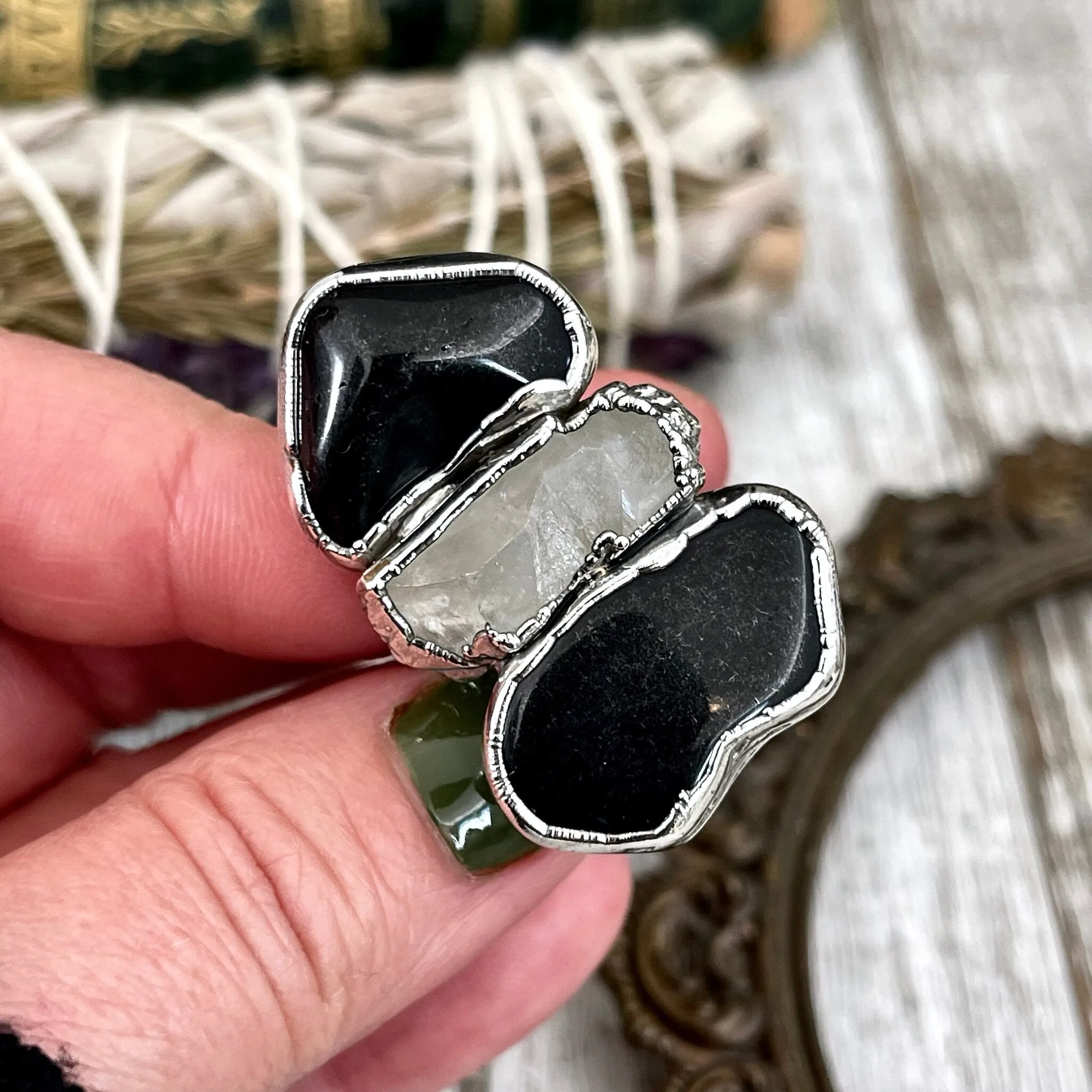 Size 8 Crystal Ring - Three Stone Black Onyx Clear Quartz Ring in Silver / Foxlark Collection - One of a Kind