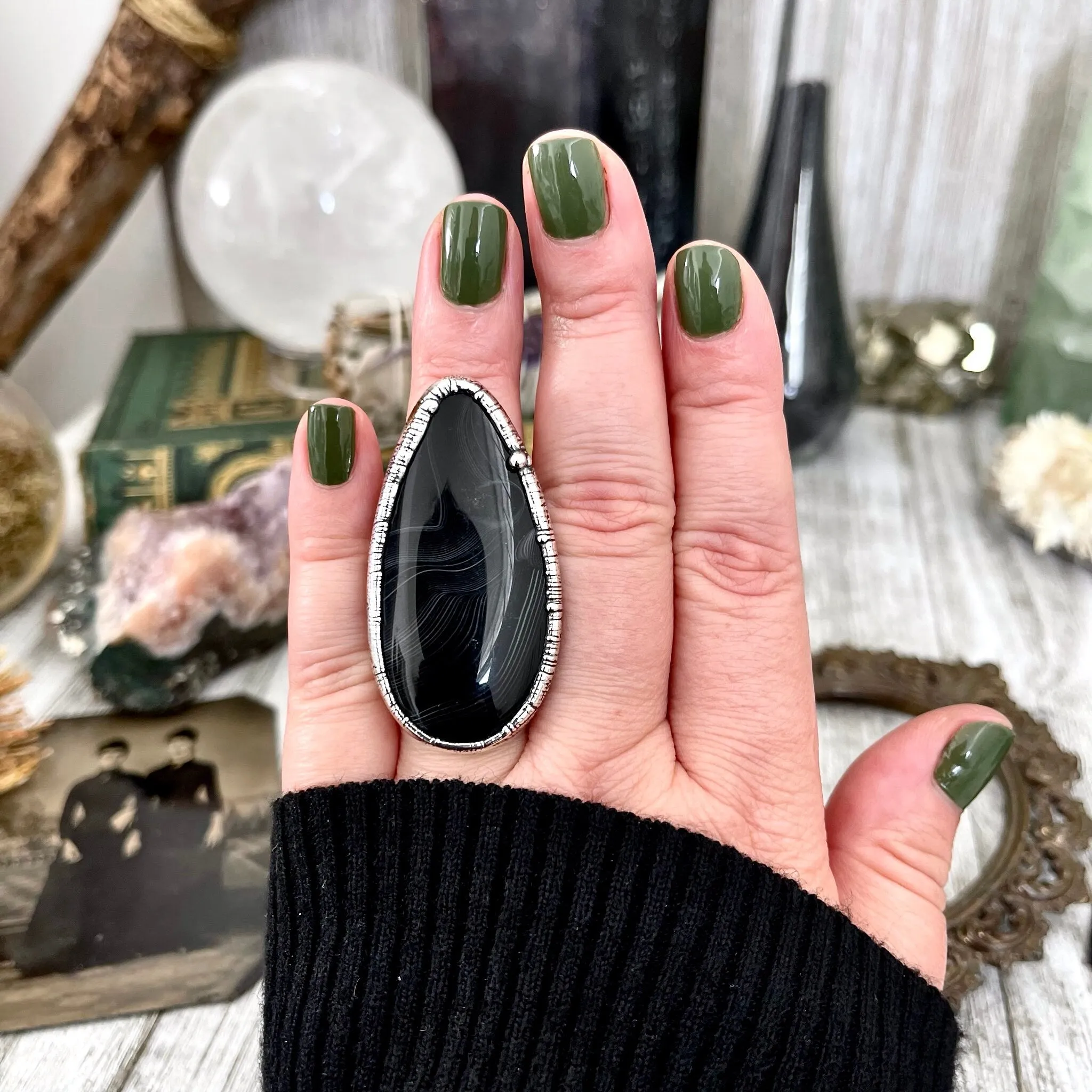 Size 8 Large Natural Black Banded Agate Ring in Fine Silver/ Foxlark Collection - One of a Kind