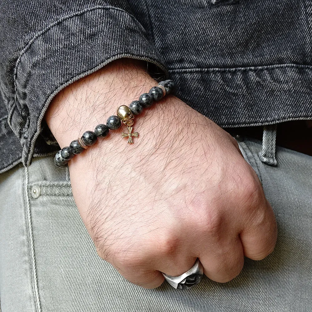 Skull Bracelet for Man 8mm Natural Labradorite Beads with Genuine Silver Charm