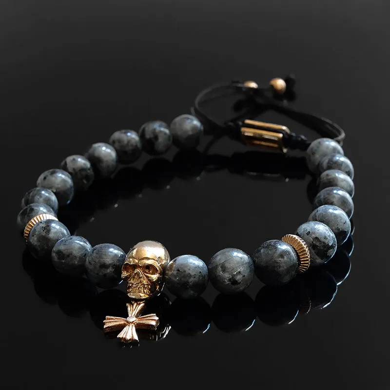 Skull Bracelet for Man 8mm Natural Labradorite Beads with Genuine Silver Charm