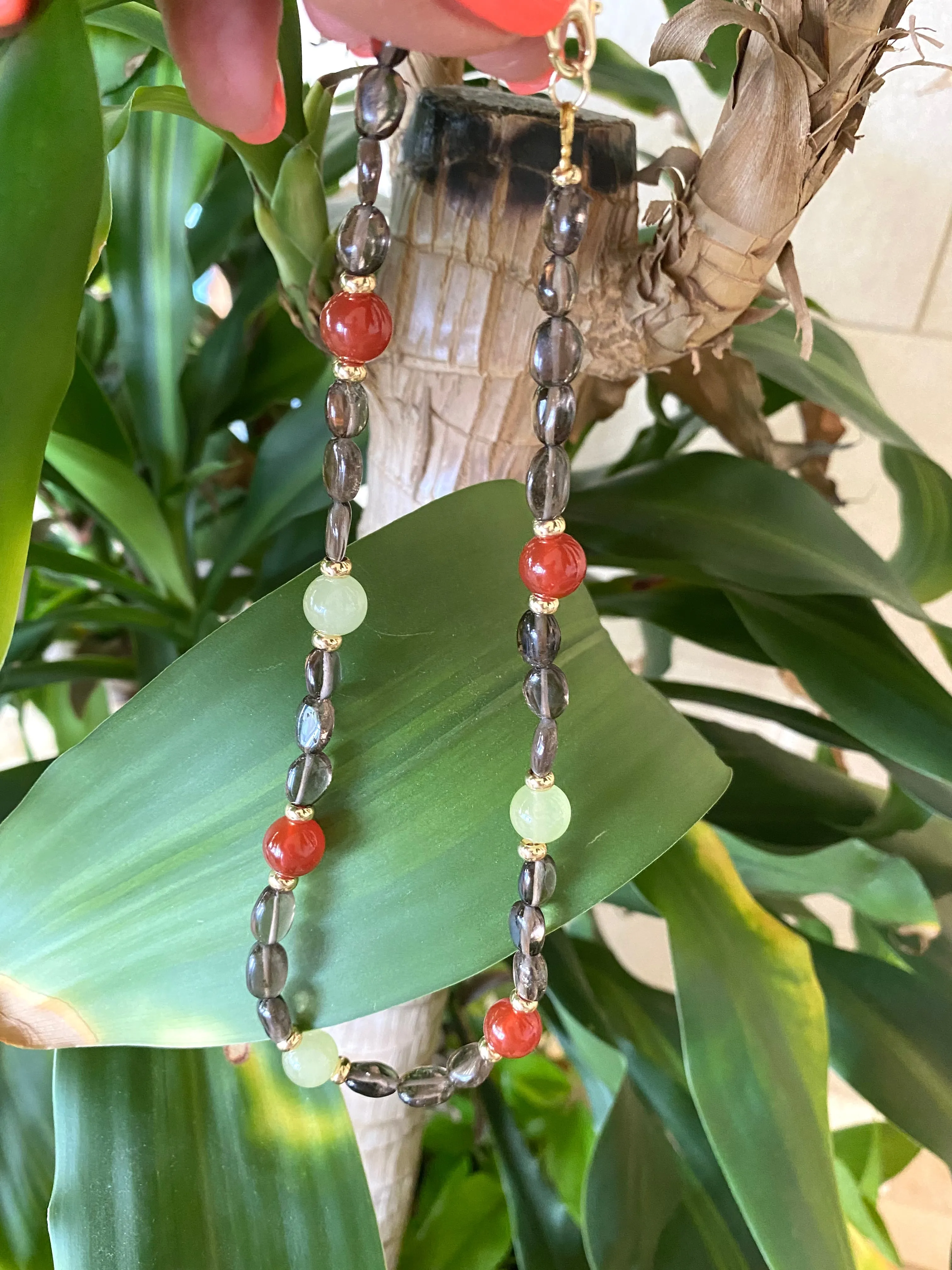 Smoky Quartz Bonbons Choker Necklace w Green Jade & Carnelian Accent Beads, Gold Plated, 15.5in