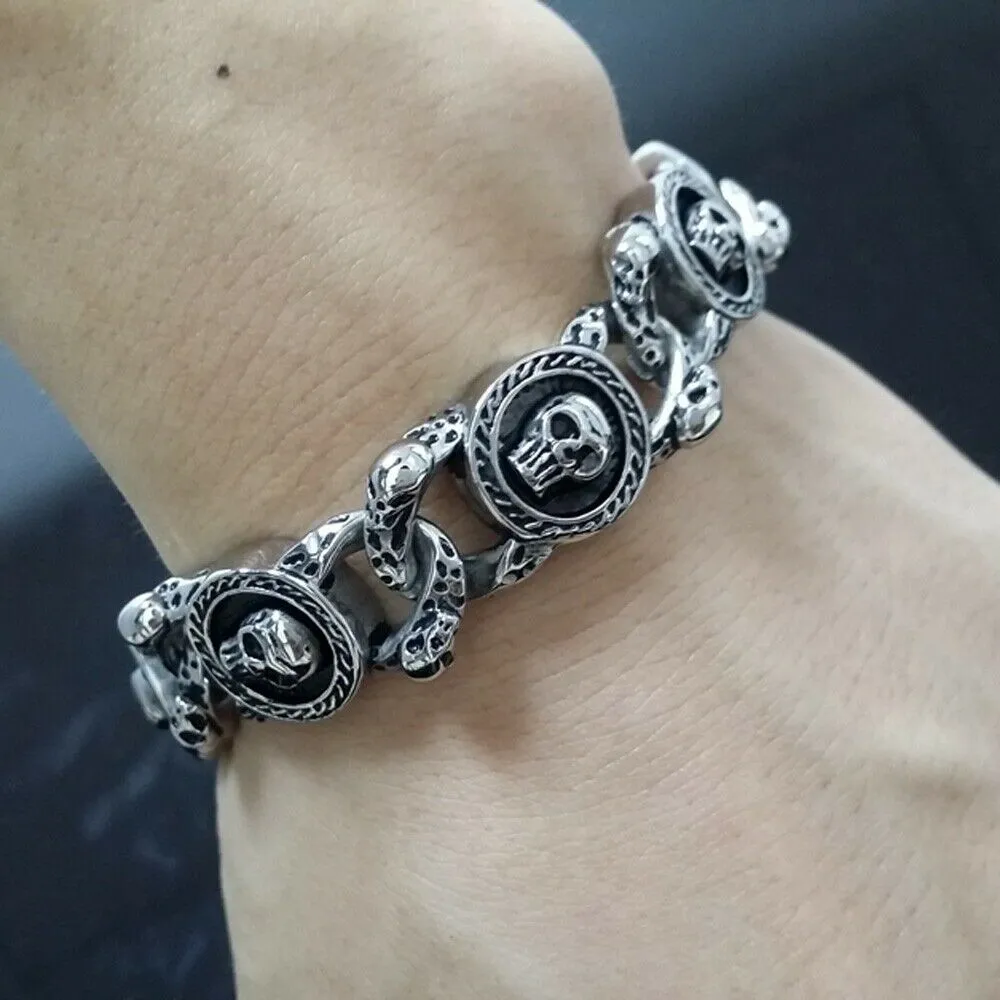 Stainless Steel Oxidized Skulls Link Gothic Biker Bracelet