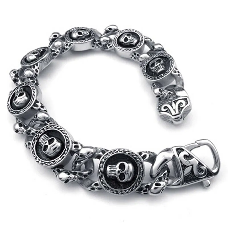 Stainless Steel Oxidized Skulls Link Gothic Biker Bracelet