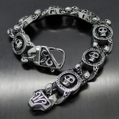 Stainless Steel Oxidized Skulls Link Gothic Biker Bracelet