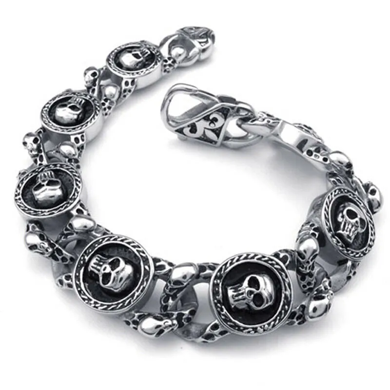 Stainless Steel Oxidized Skulls Link Gothic Biker Bracelet