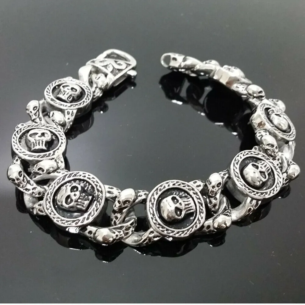 Stainless Steel Oxidized Skulls Link Gothic Biker Bracelet