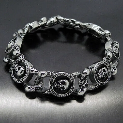 Stainless Steel Oxidized Skulls Link Gothic Biker Bracelet