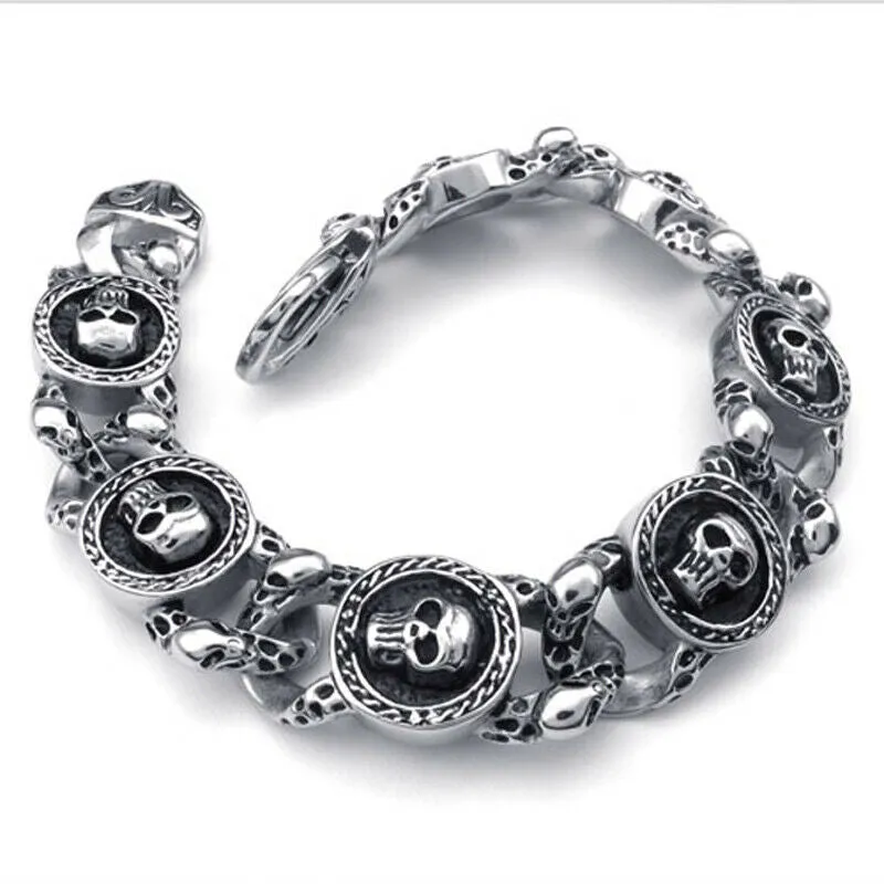 Stainless Steel Oxidized Skulls Link Gothic Biker Bracelet