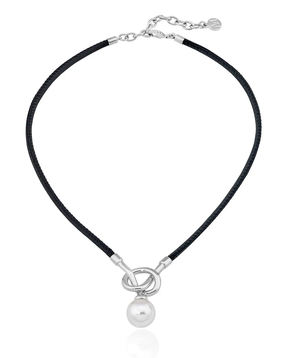 Sterling Silver Rhodium Plated Black Leather Choker Necklace for Women with White Round Pearl, 14mm Pearl, 14.5/16.5 Chain Length, Sicilia Collection