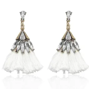 Trixy Tassels Rhinestone and White Tassel Earrings