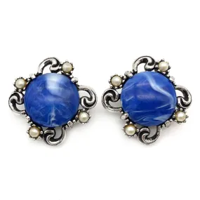 【USA輸入】ヴィンテージ ブルー マーブルルーサイト パール イヤリング/Vintage Blue Marble Lucite Pearl Clip On Earrings