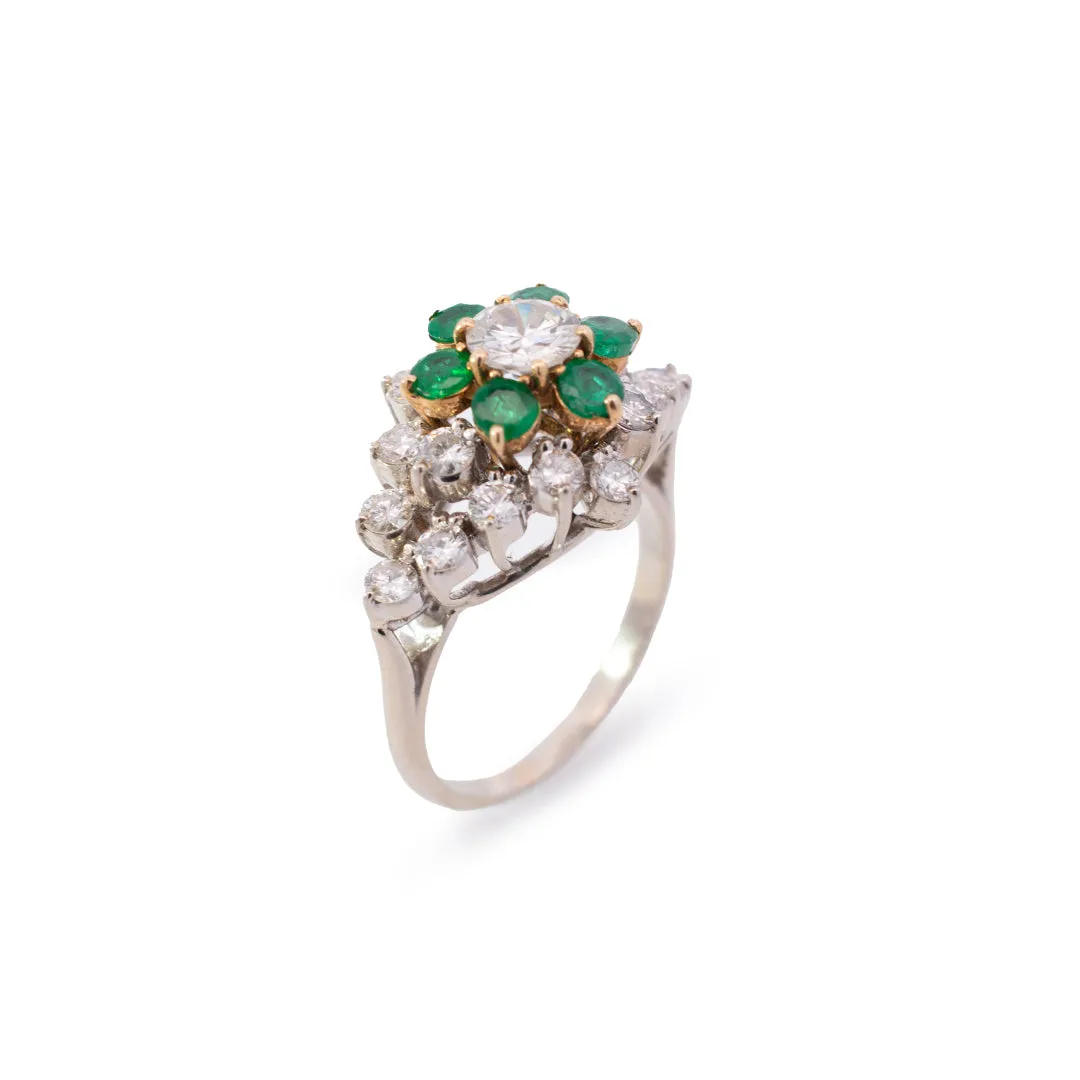 Vintage Ladies 14K White & Yellow Gold Diamond & Emerald Halo Cocktail Ring