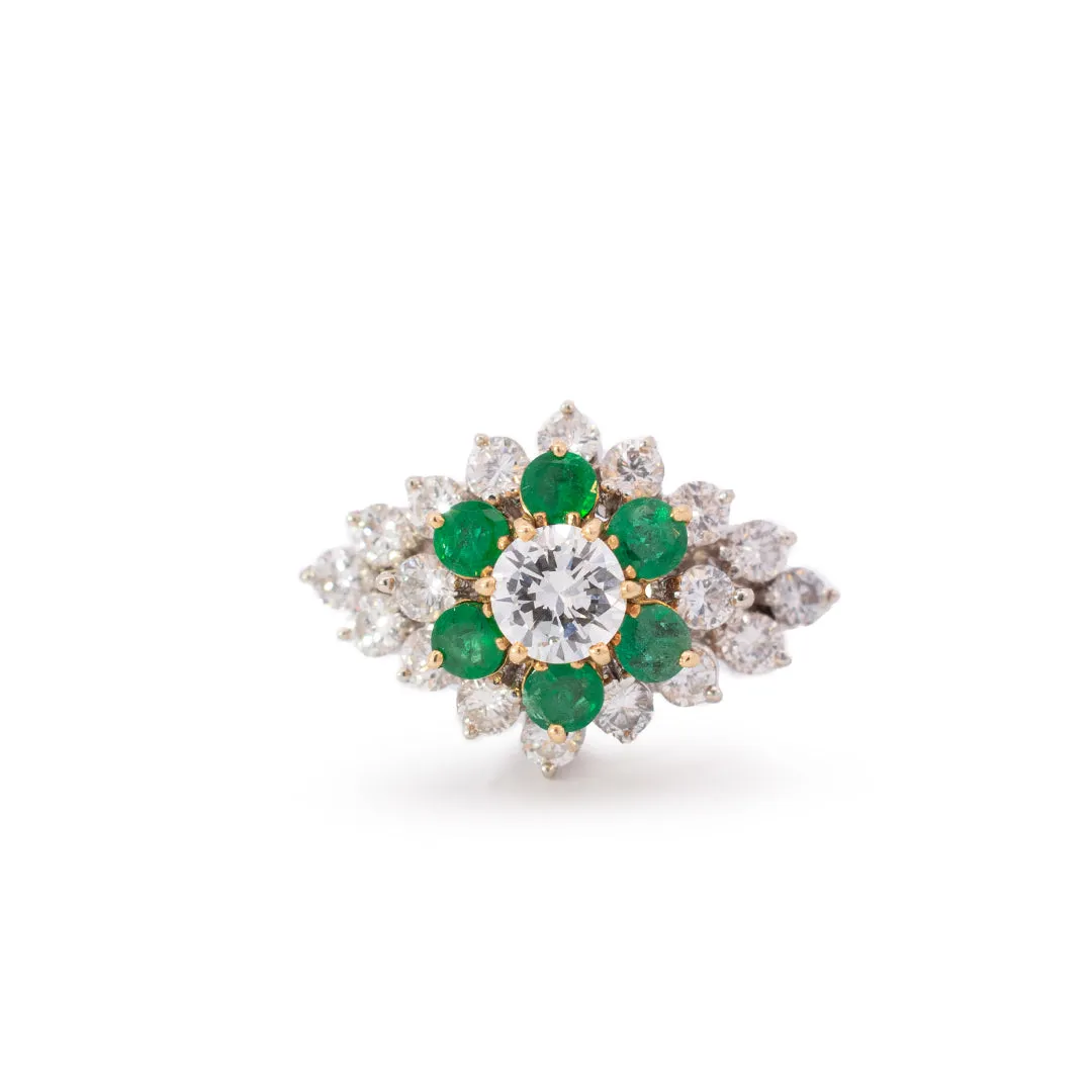 Vintage Ladies 14K White & Yellow Gold Diamond & Emerald Halo Cocktail Ring