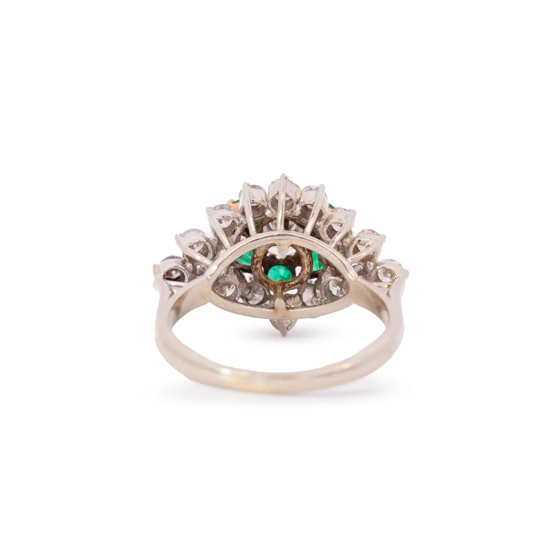 Vintage Ladies 14K White & Yellow Gold Diamond & Emerald Halo Cocktail Ring