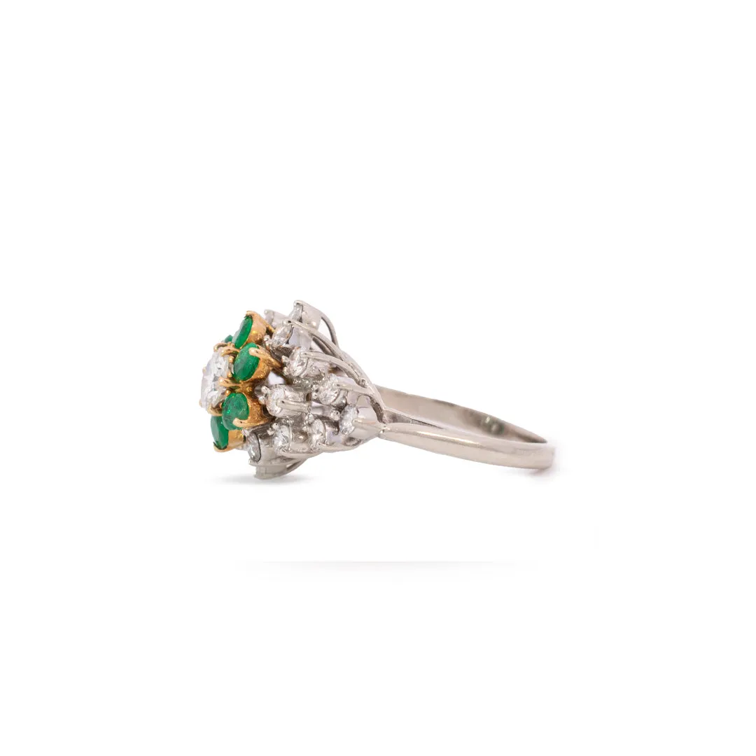 Vintage Ladies 14K White & Yellow Gold Diamond & Emerald Halo Cocktail Ring