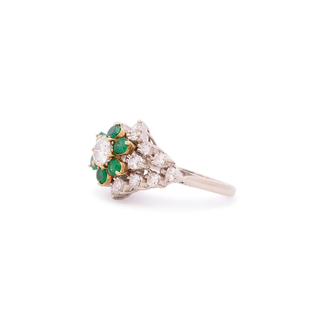 Vintage Ladies 14K White & Yellow Gold Diamond & Emerald Halo Cocktail Ring