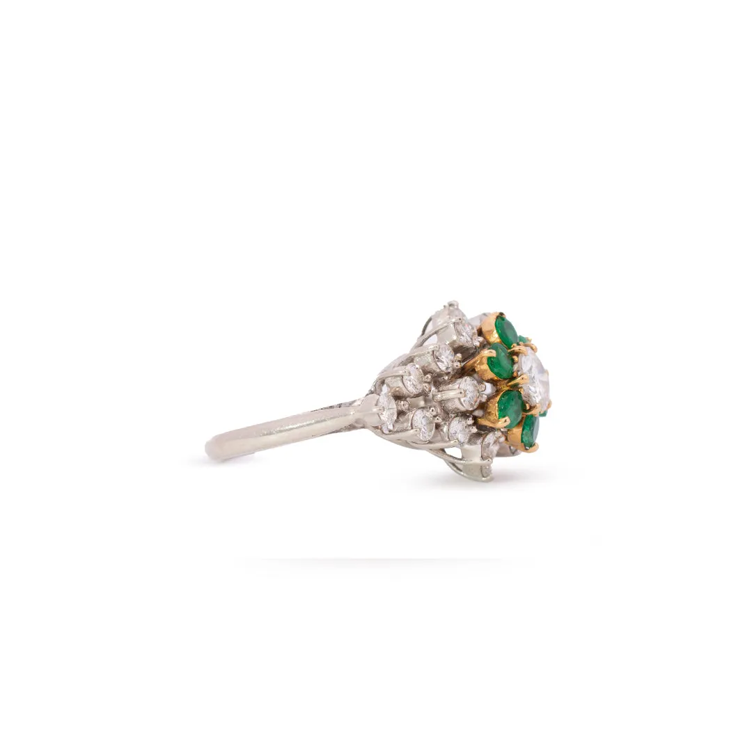 Vintage Ladies 14K White & Yellow Gold Diamond & Emerald Halo Cocktail Ring