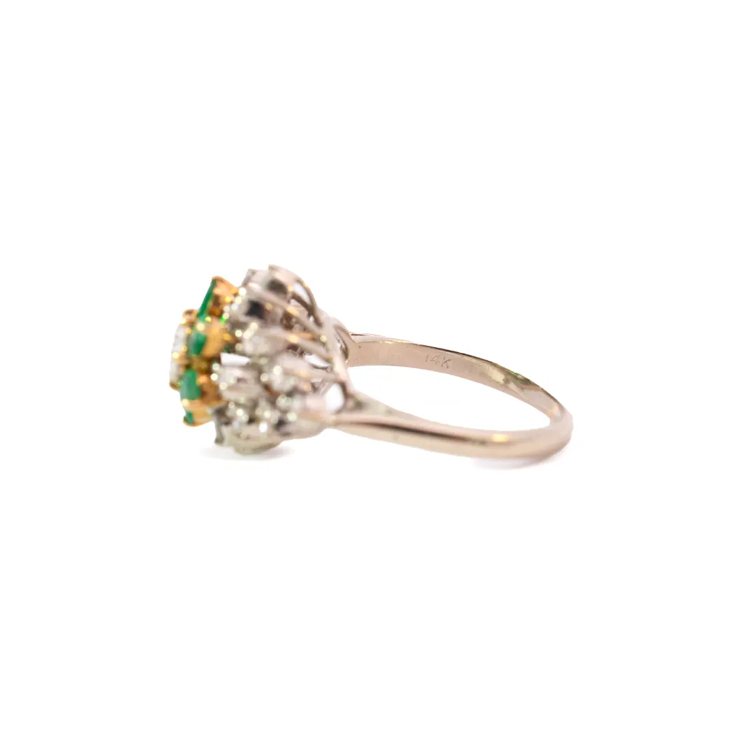 Vintage Ladies 14K White & Yellow Gold Diamond & Emerald Halo Cocktail Ring