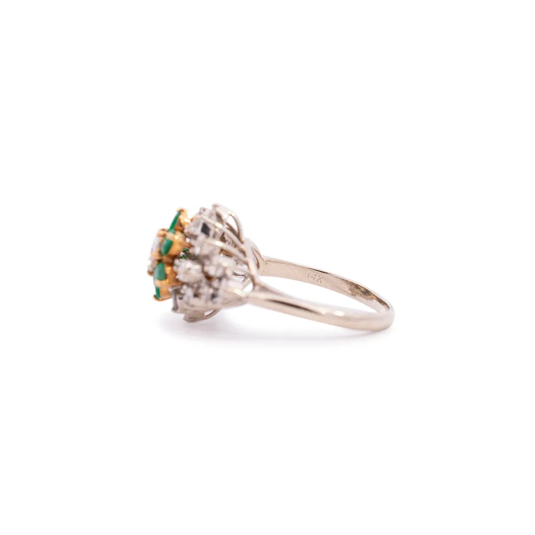 Vintage Ladies 14K White & Yellow Gold Diamond & Emerald Halo Cocktail Ring