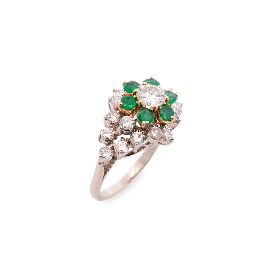 Vintage Ladies 14K White & Yellow Gold Diamond & Emerald Halo Cocktail Ring