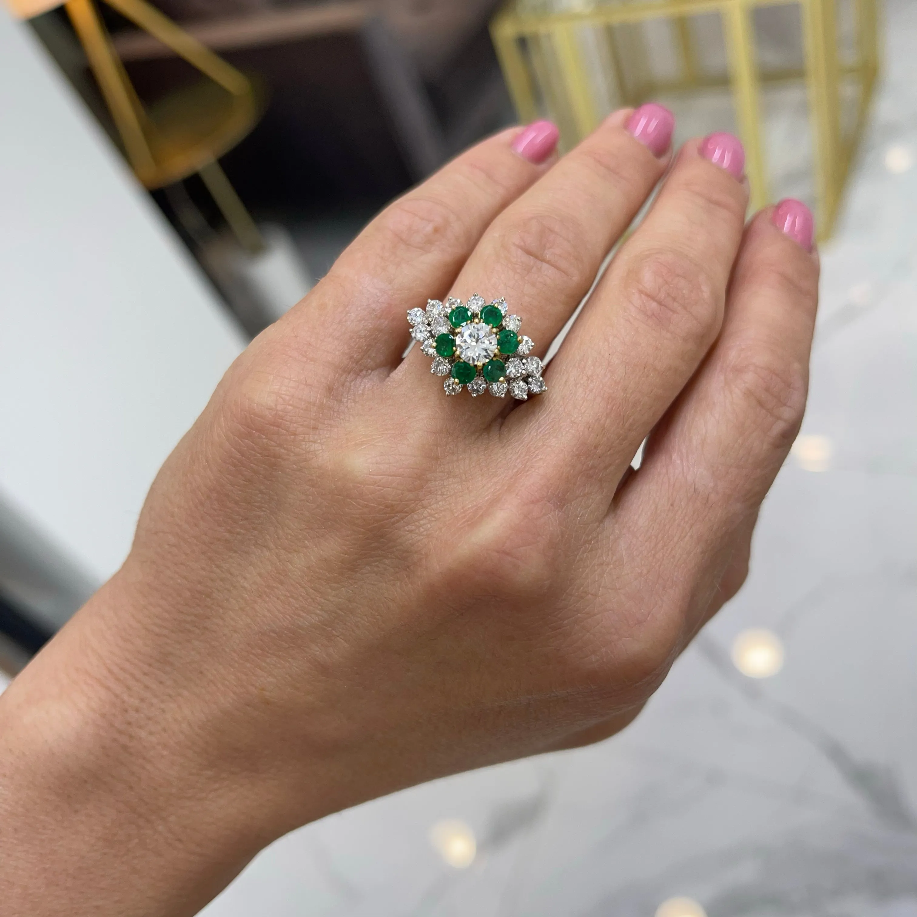 Vintage Ladies 14K White & Yellow Gold Diamond & Emerald Halo Cocktail Ring