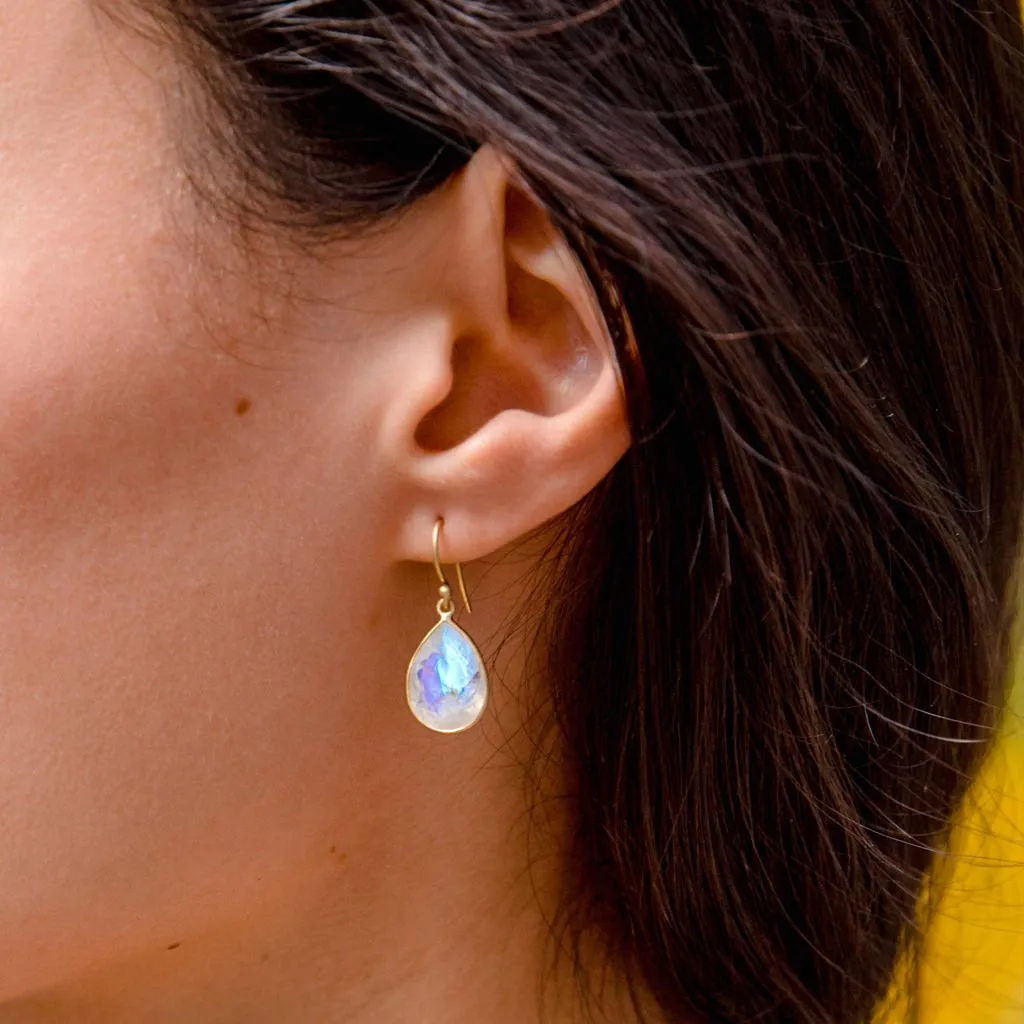 Wide Teardrop Rainbow Moonstone Drop Earrings