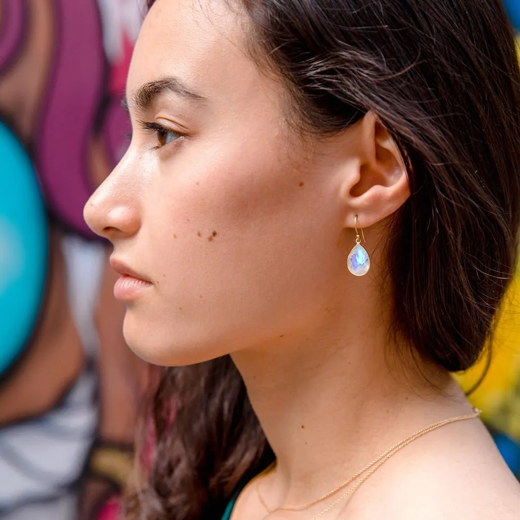 Wide Teardrop Rainbow Moonstone Drop Earrings